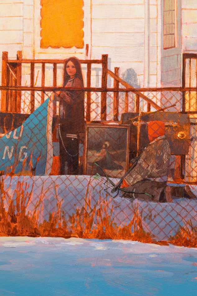 Painting of two almost identical houses in the snow. In front of one of the houses is a girl in all black holding a sign and another person on their knees in the snow holding a cross bow.