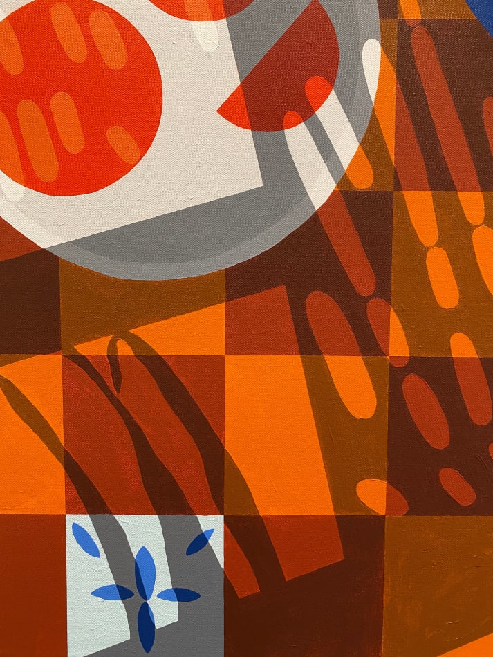 Natalia Juncadella painting of oranges, flowers and coffee on orange background detail