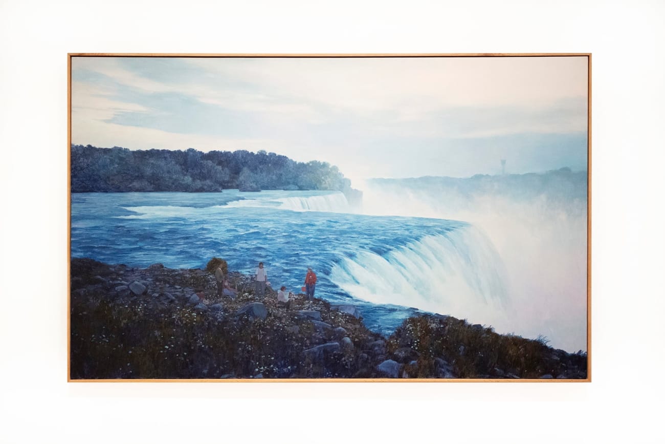 Pat Perry - painting of expansive waterfall and small figures at edge of shore along misty waterfall