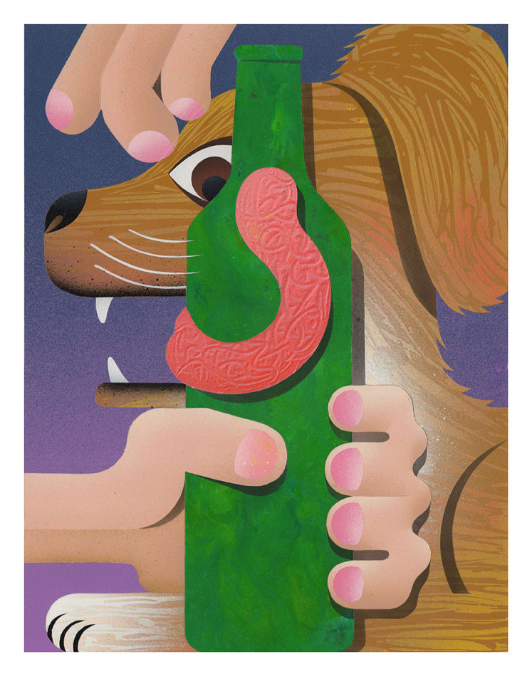 painting of a dog licking a bottle