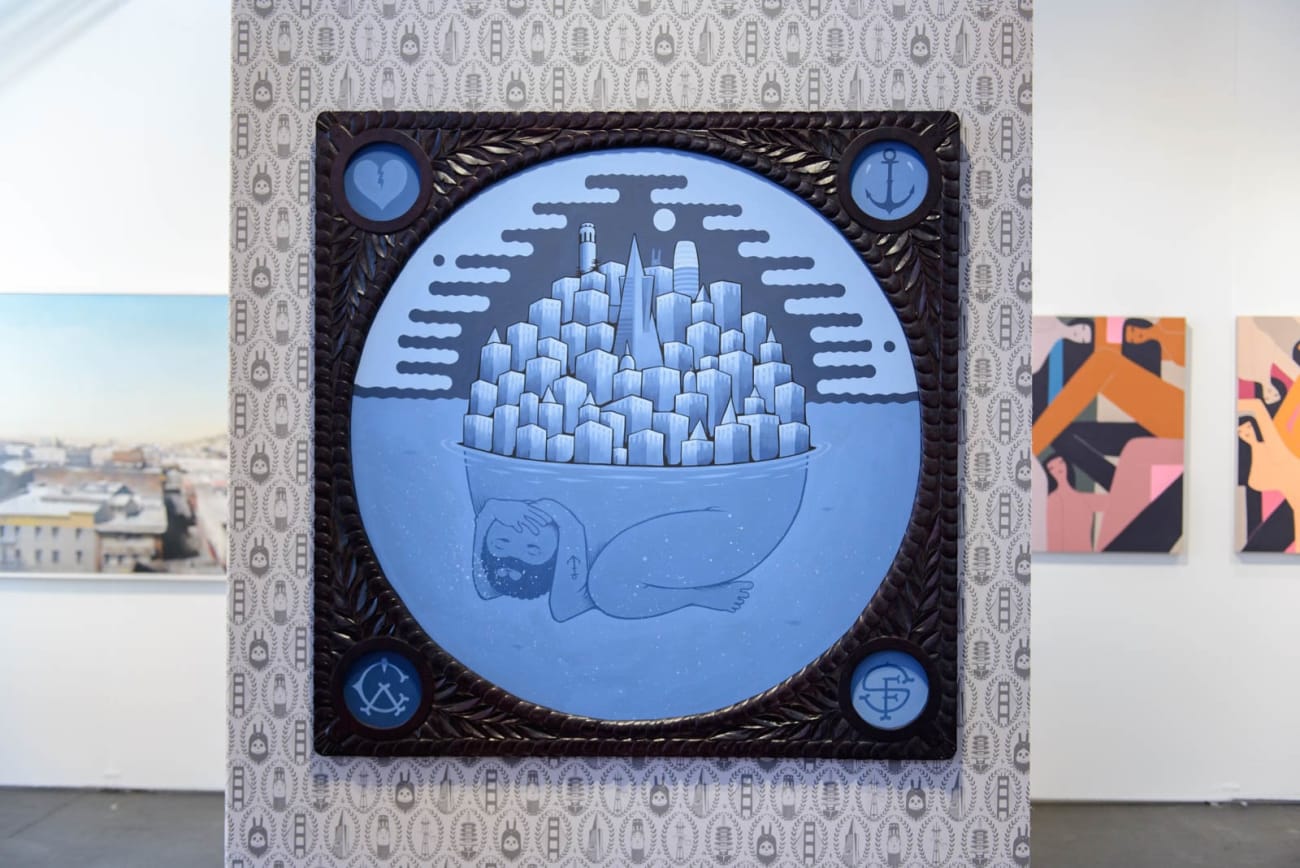 Painting of a person with a city on their back by Jeremy Fish
