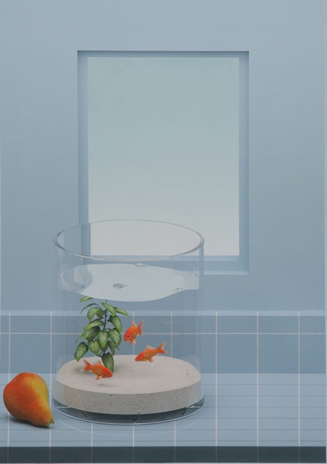 painting of a fishbowl with three goldfish on a counter with a pear in a light blue room