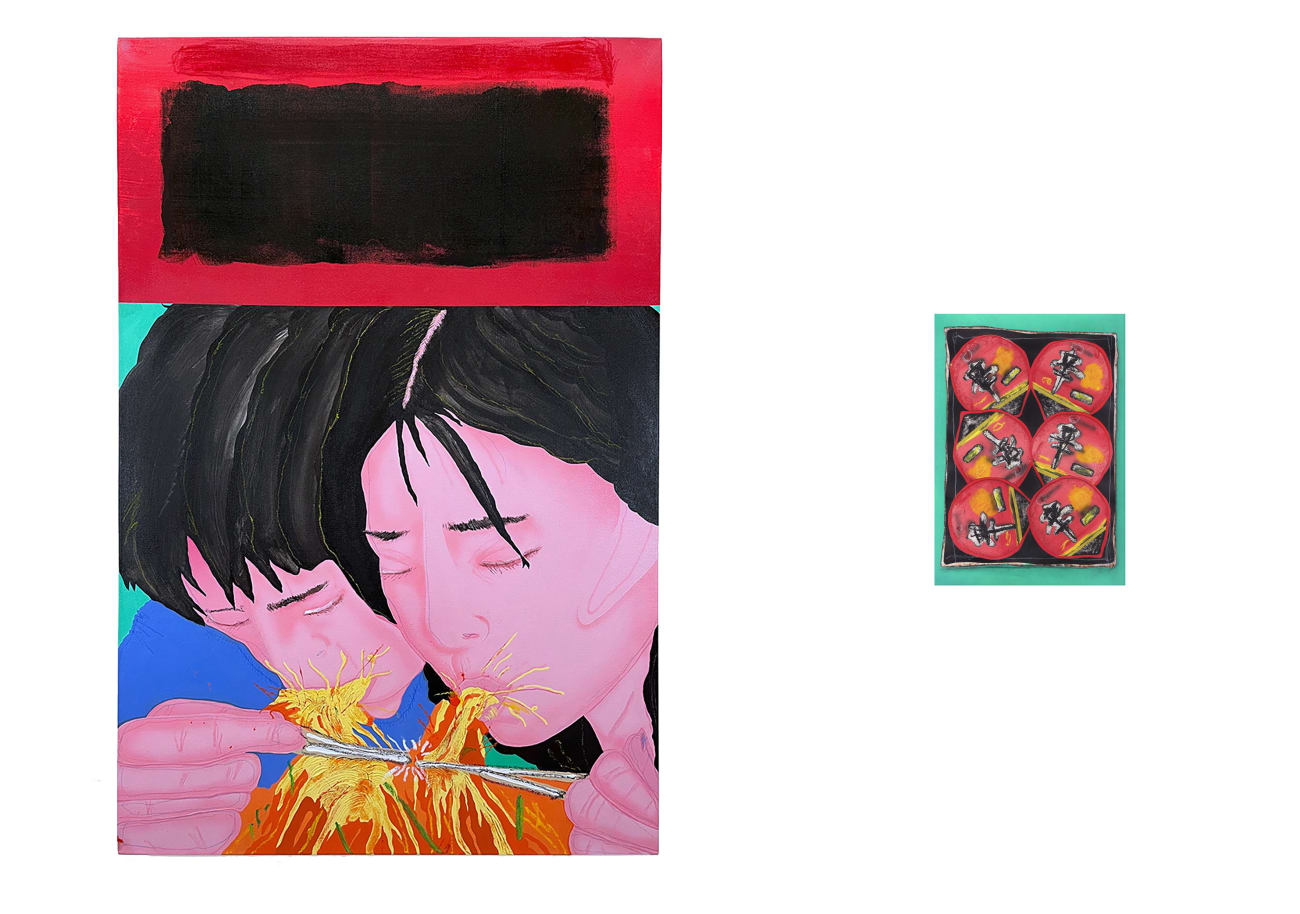 David Heo - two paintings, one large of two figures slurping ramen and one small painting of the tops of instant ramen packaging