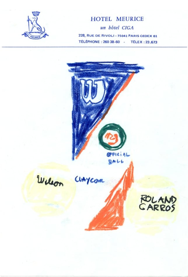 drawing by Michael McGregor of tennis ball can on Hotel Meurice stationary