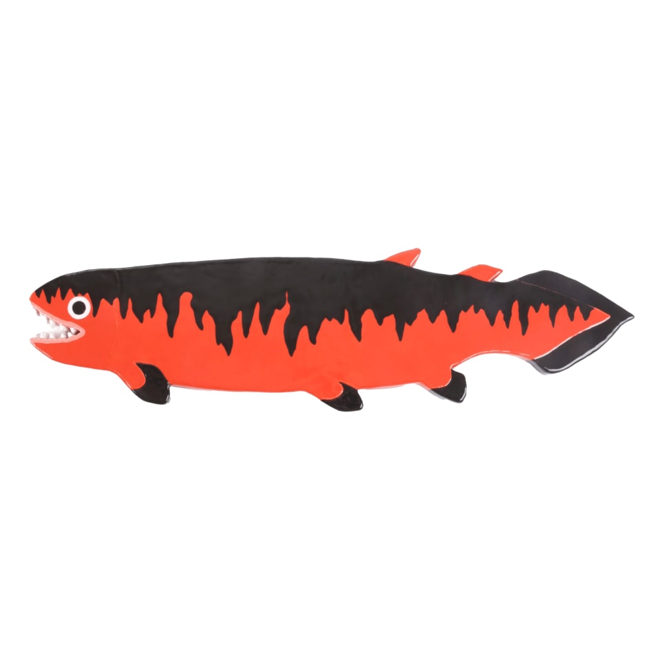 ceramic wall hanging of a red and black prehistoric fish