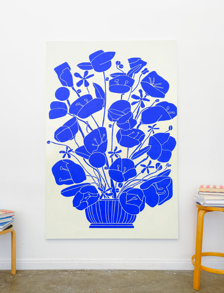 Painting of blue flowers in a vase on a white background by Sebastian Curi