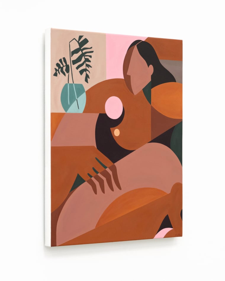 Abstract painting of a woman sitting next to a vase with two plants.