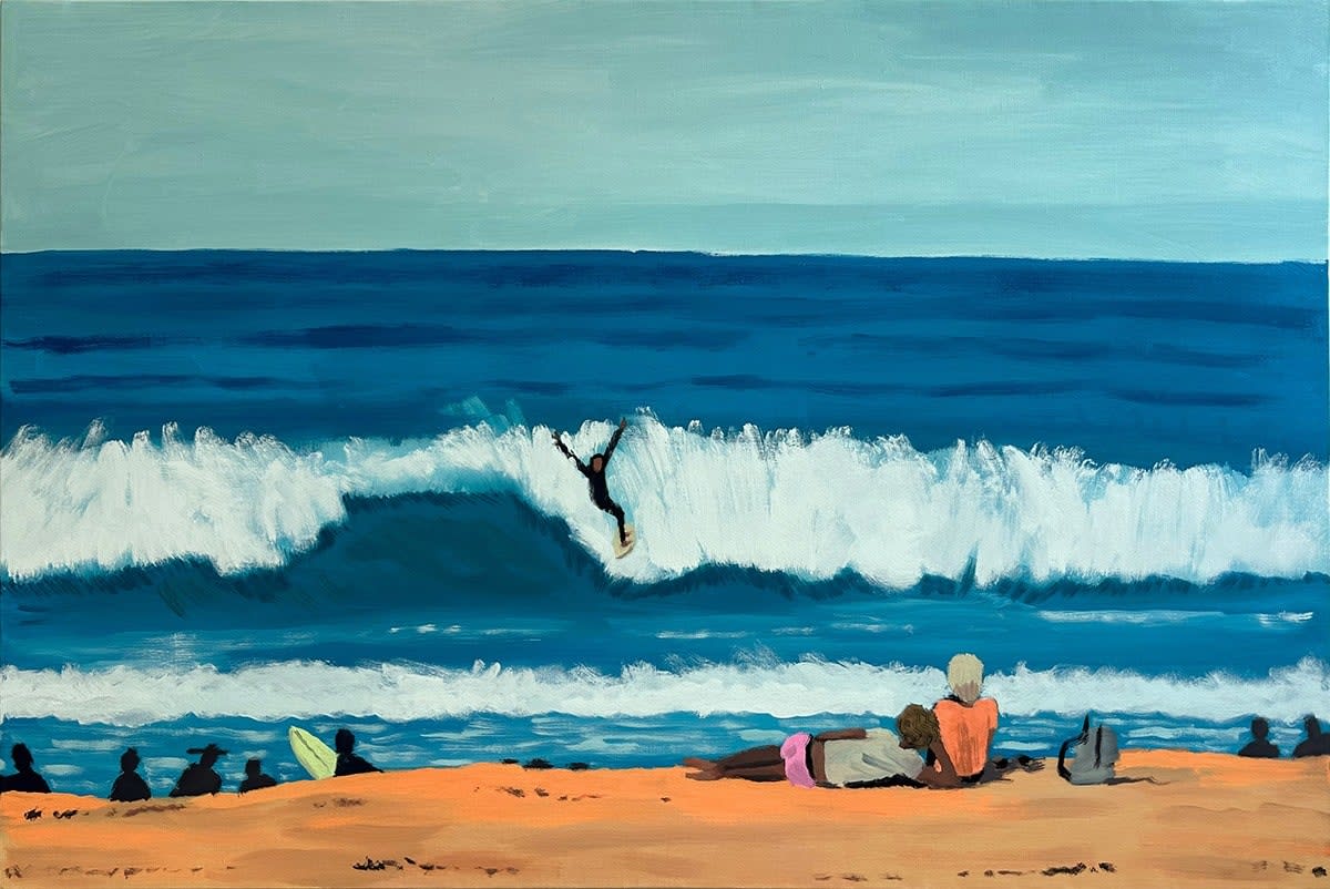 paitning of beachgoers lounging while watching a surfer