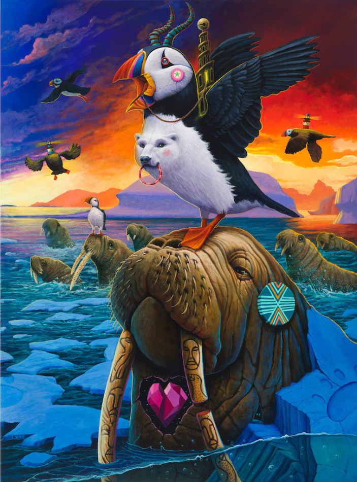 Dulk panel 3 of triptych of walrus with polar bears and puffins