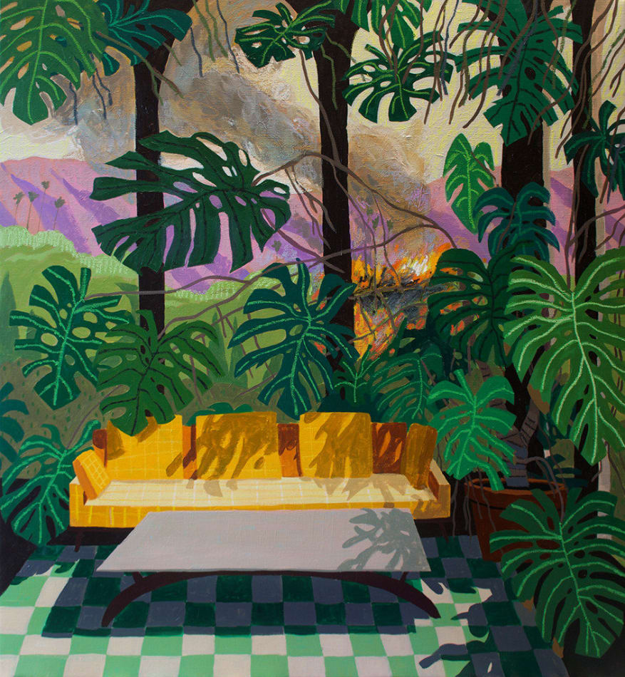 painting of a yellow couch on a green and white checkerboard floor surrounded by lush monstera leaves by Nicholas Bono Kennedy