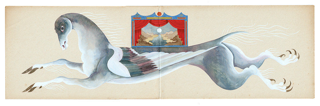 Watercolor painting by Lou Benesch of a pegasus like creature with a theatre stage on its back with a small landscape in between the red curtains
