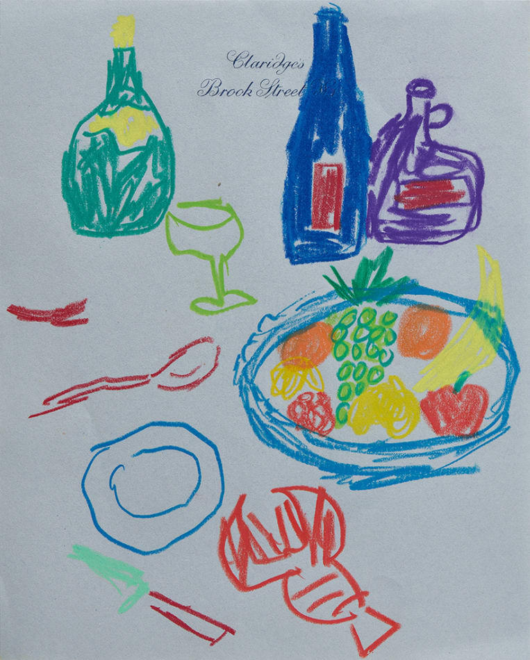 Drawing of a bowl of fruit, a lobster, a plate, utensils and wine on blue hotel stationery