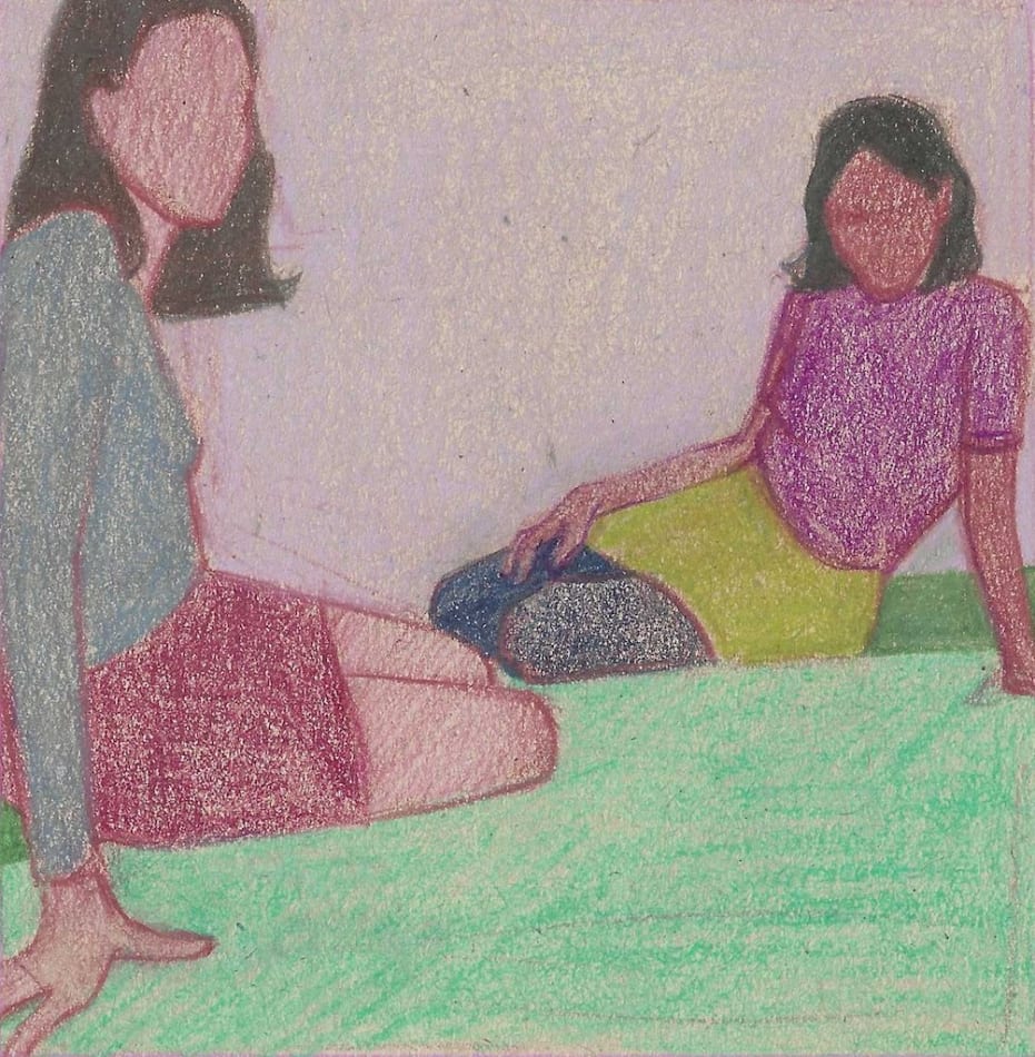 Drawing of two seated figures in front of a purple and green background
