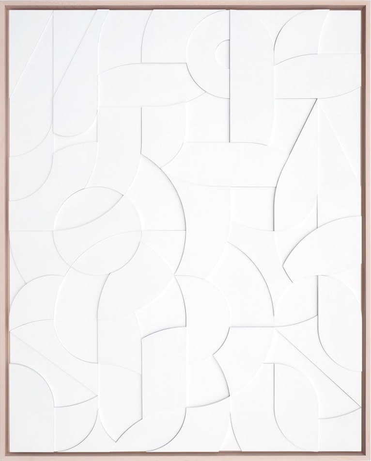 Framed white wood relief sculptural piece made up of spiral shapes and curves by artist Scott Albrecht