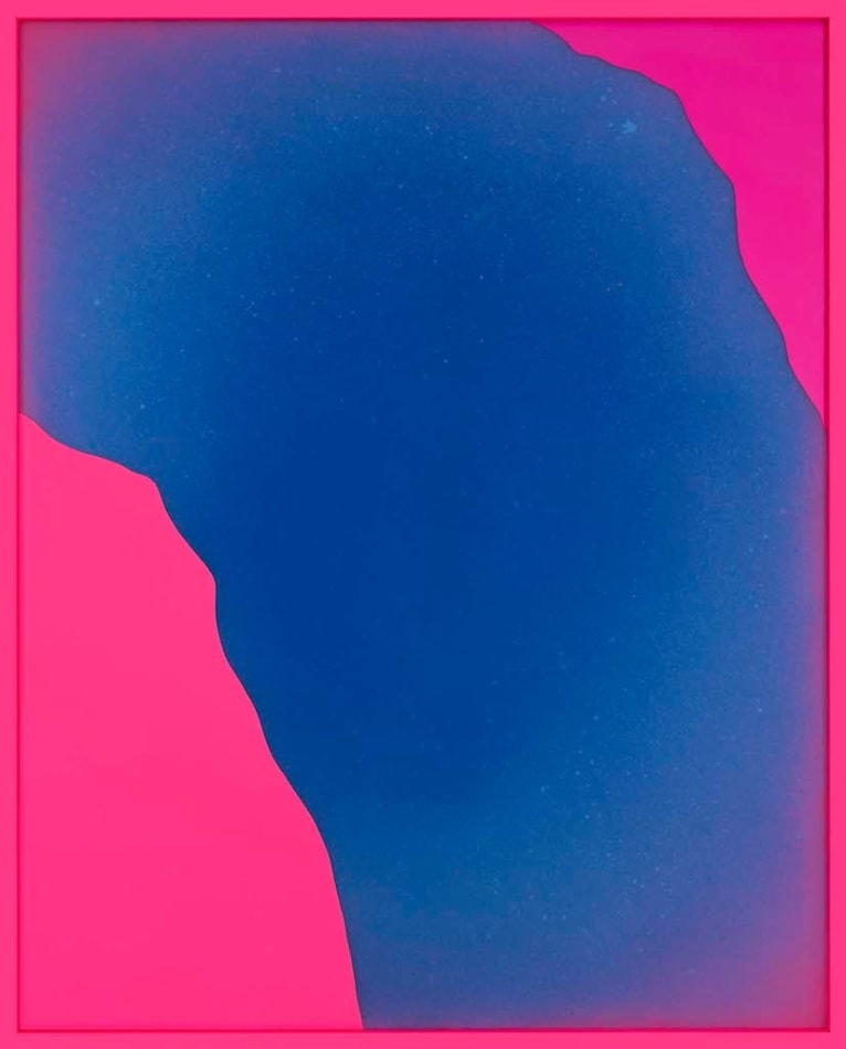 Rachel Strum paint and resin piece, abstract shapes in neon pink and purple / blue