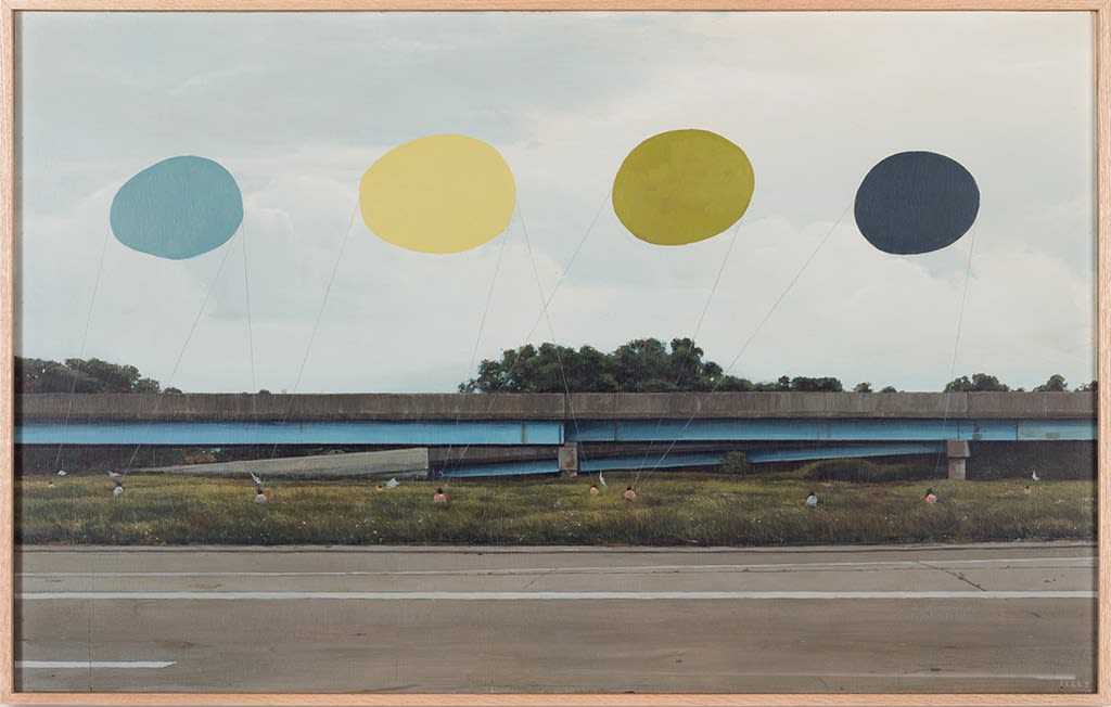 Pat Perry painting of outdoor scene with color blobs in sky