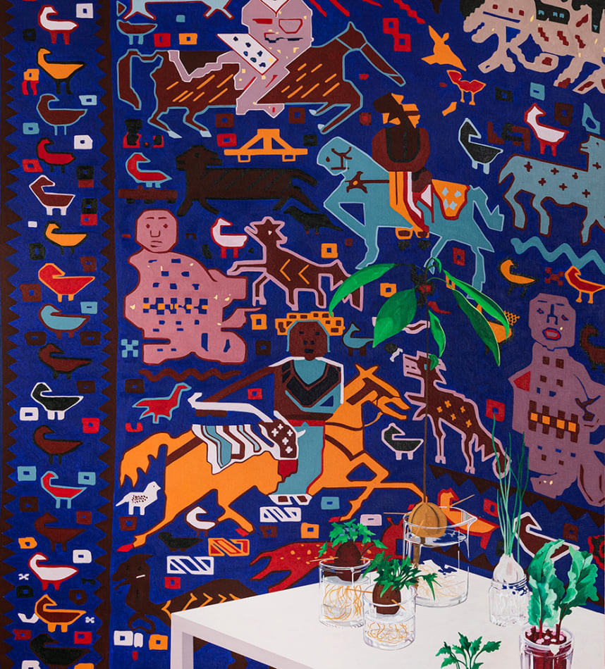 Painting of a white table with several plants in short clear jars. Behind the table is a tapestry or rug with several indigenous designs on it depicting people on horses and birds or chickens.