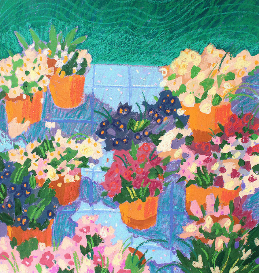 painting of flower pots on a blue tiled floor full of various flowers by Nicholas Bono Kennedy