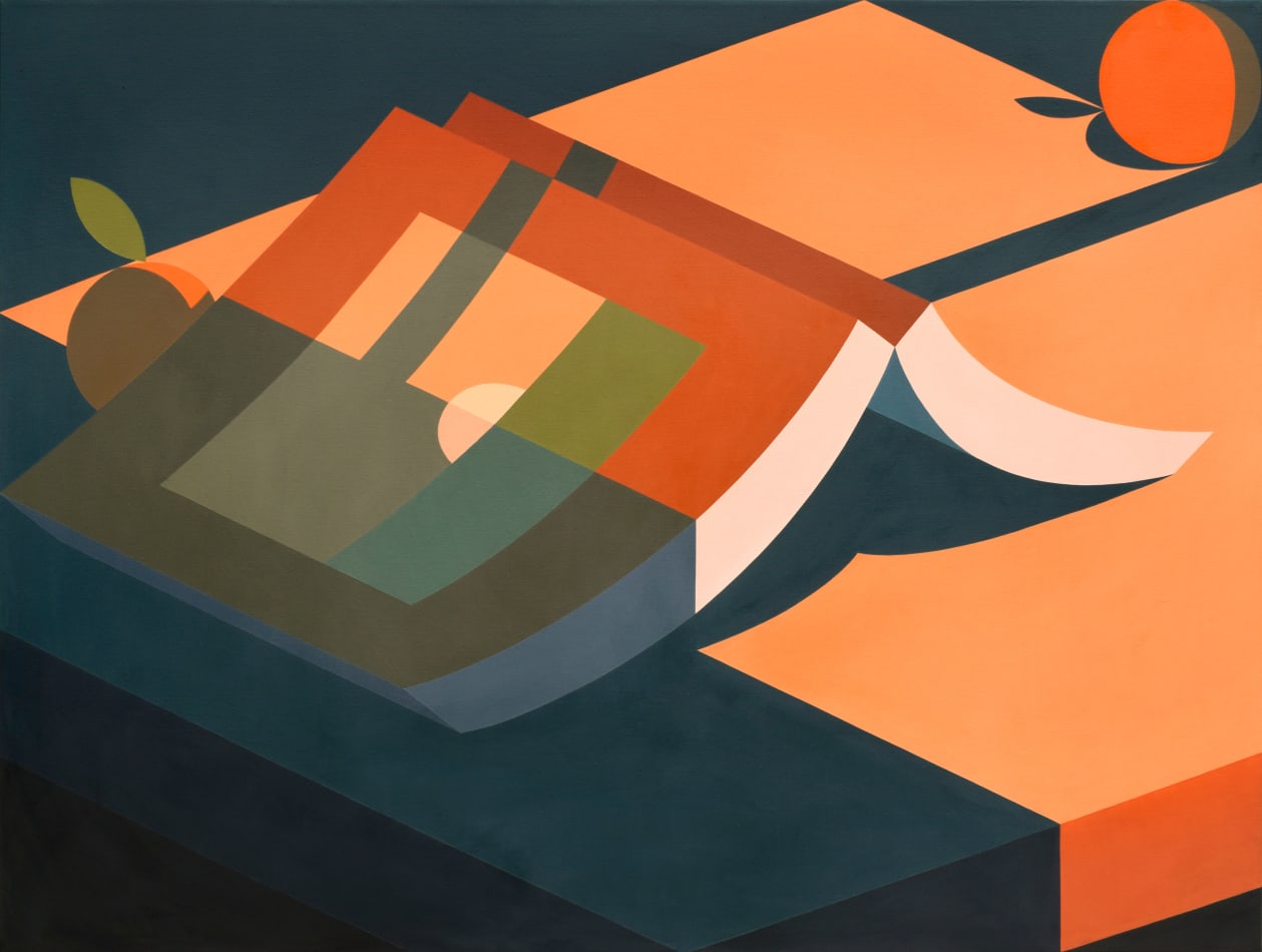 Adrian Wong painting of book laying open face down on table, blue and orange tones