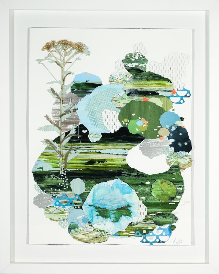 Multimedia collage of earthy elements, drawings, and paintings, in blue and green with a white frame