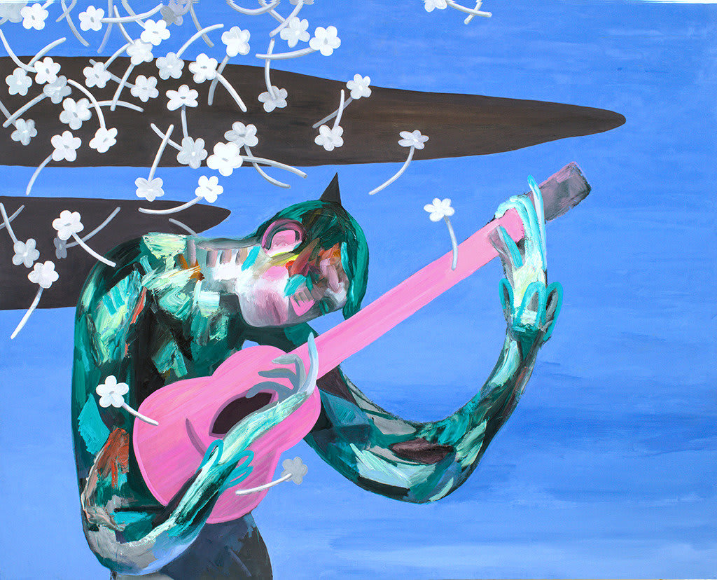 Corey K. Lamb - painting of a man playing a pink guitar under a white blossom tree, the back ground is blue, the figure is green shades with clear brush strokes