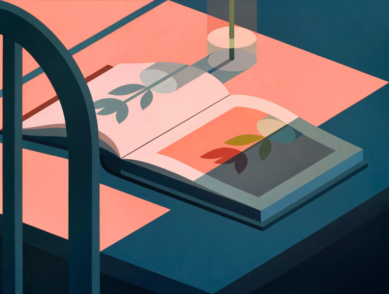 Adrian Wong painting of book open on table top, illustration of abstract plants, pink and blue tones