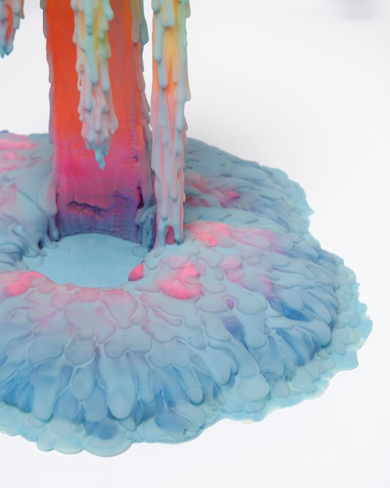 Dan Lam slime sculpture with gradient of green, red, and blue