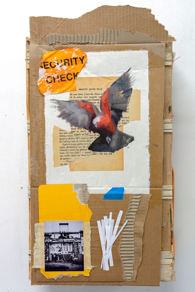Collage incorporating found materials by John Wentz