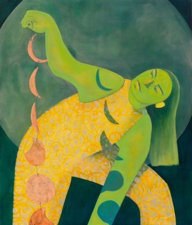 Genevieve Cohn painting in tones of green and yellow of female figure bending while holding cutout of moon in different stages