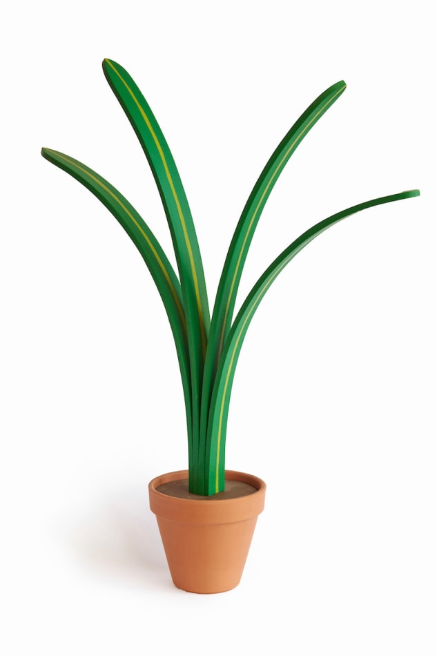 Jeff Canham wooden plant sculpture in a terra cotta pot