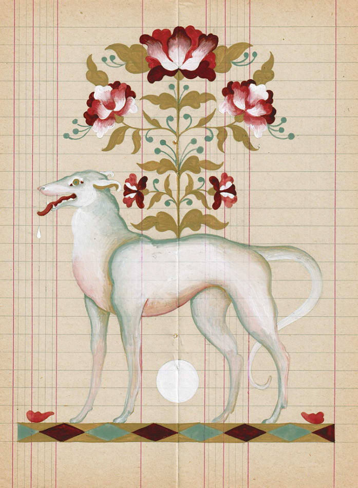 watercolor and gouache painting by artist Lou Benesch depicting a narrow, elongated white dog, and a red flower on antique paper