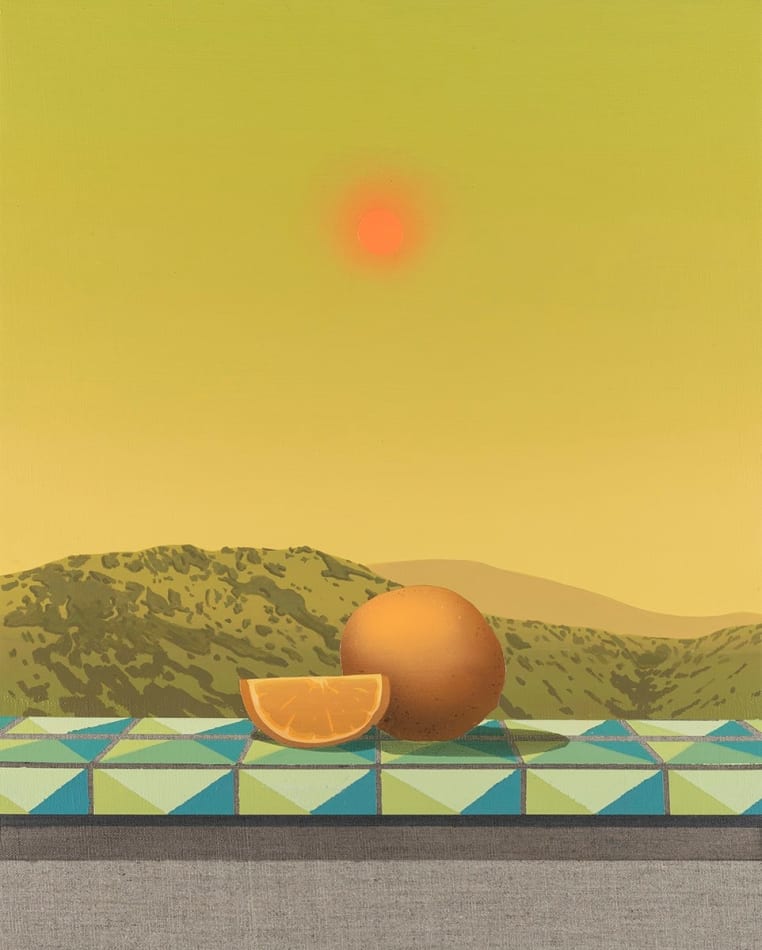 Robert Minervini painting of an orange and one orange slice with yellow background and sun visible
