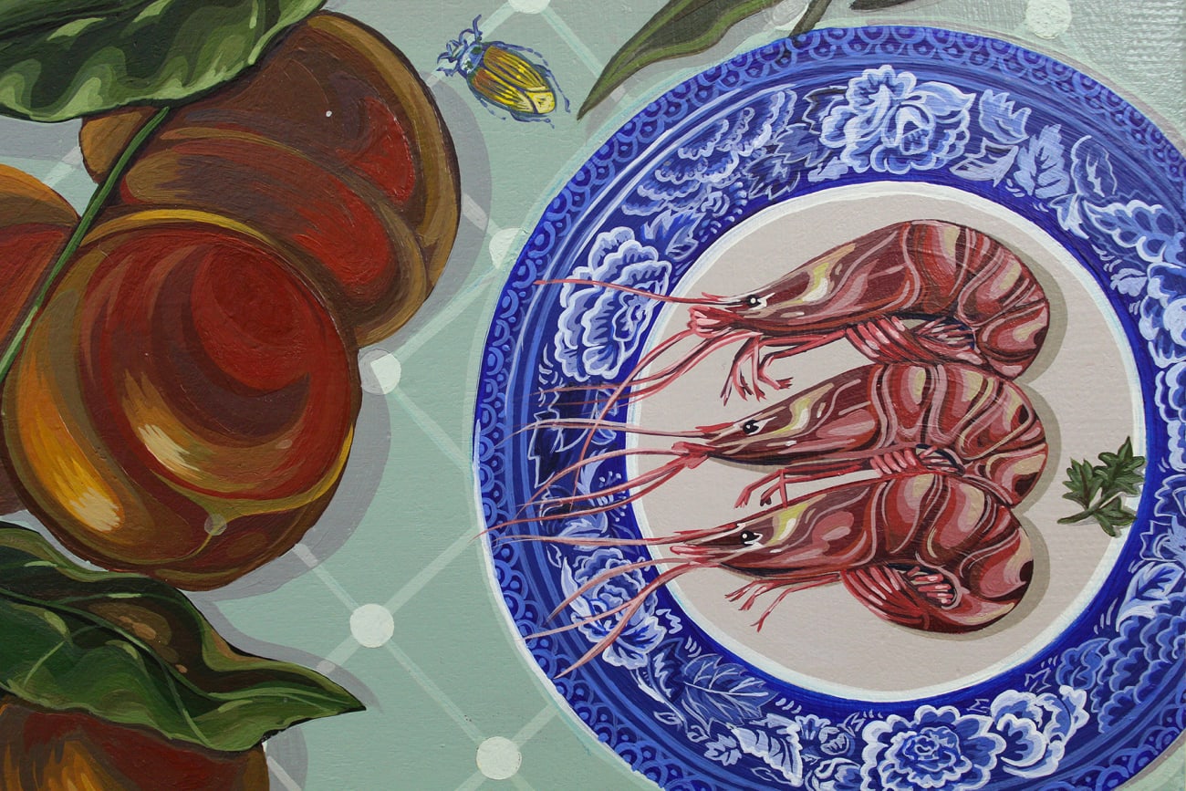 Sabrina Bockler - detail of shrimp on blue china plate with peaches