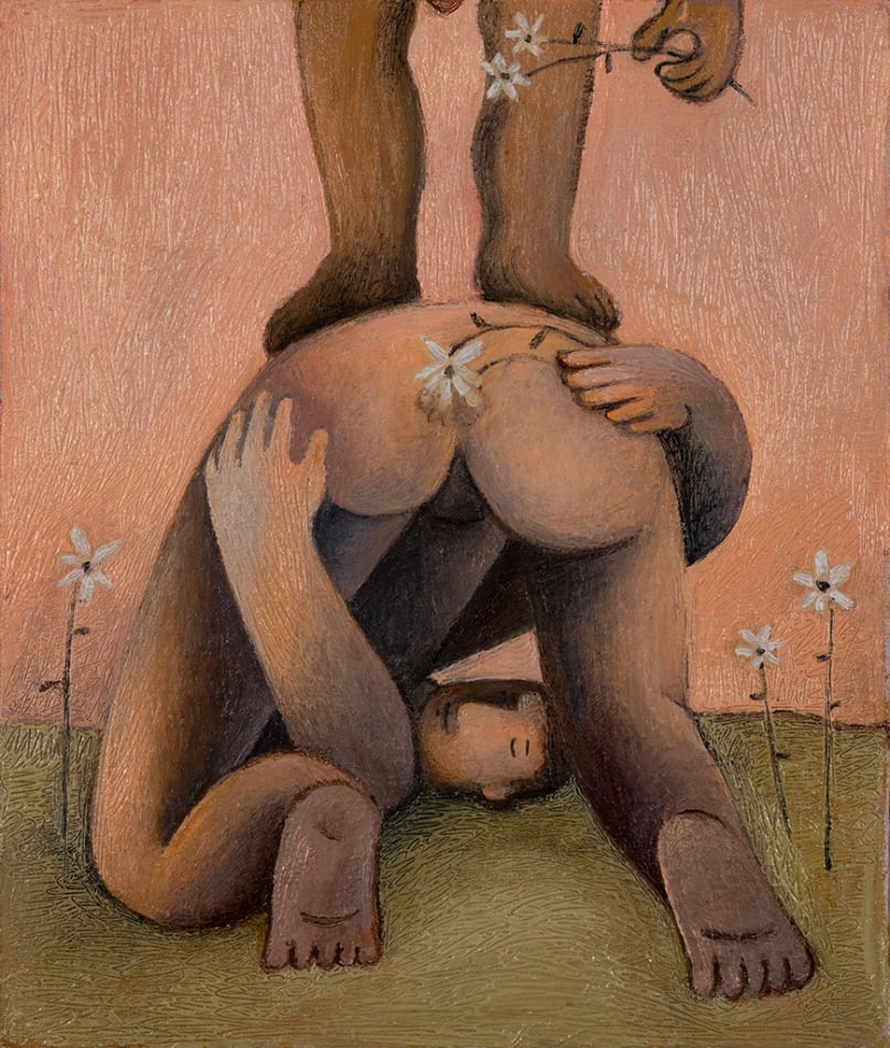 painting of a man bent over holding a flower with another man standing on top of him