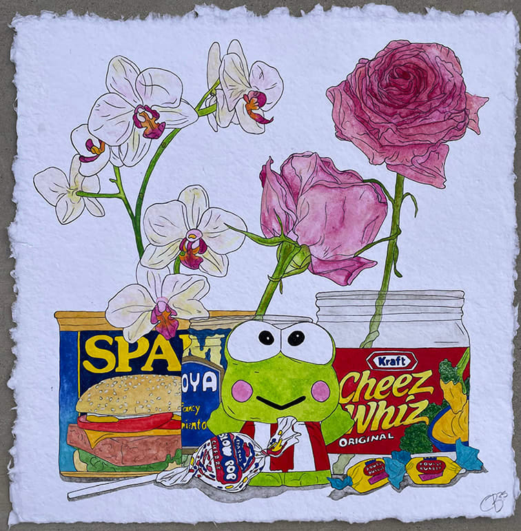 painting of frog, spam, cheezits, and candy with flowers