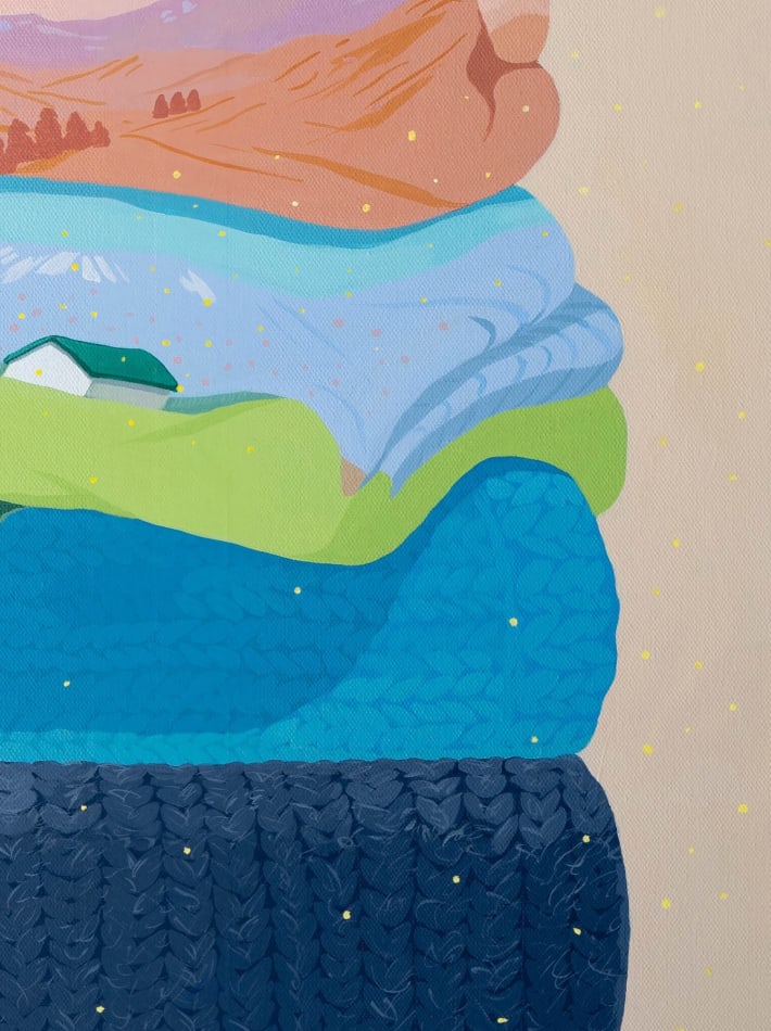 Danym Kwon painting of stacked folded sheets with patterns, trees, florals, etc