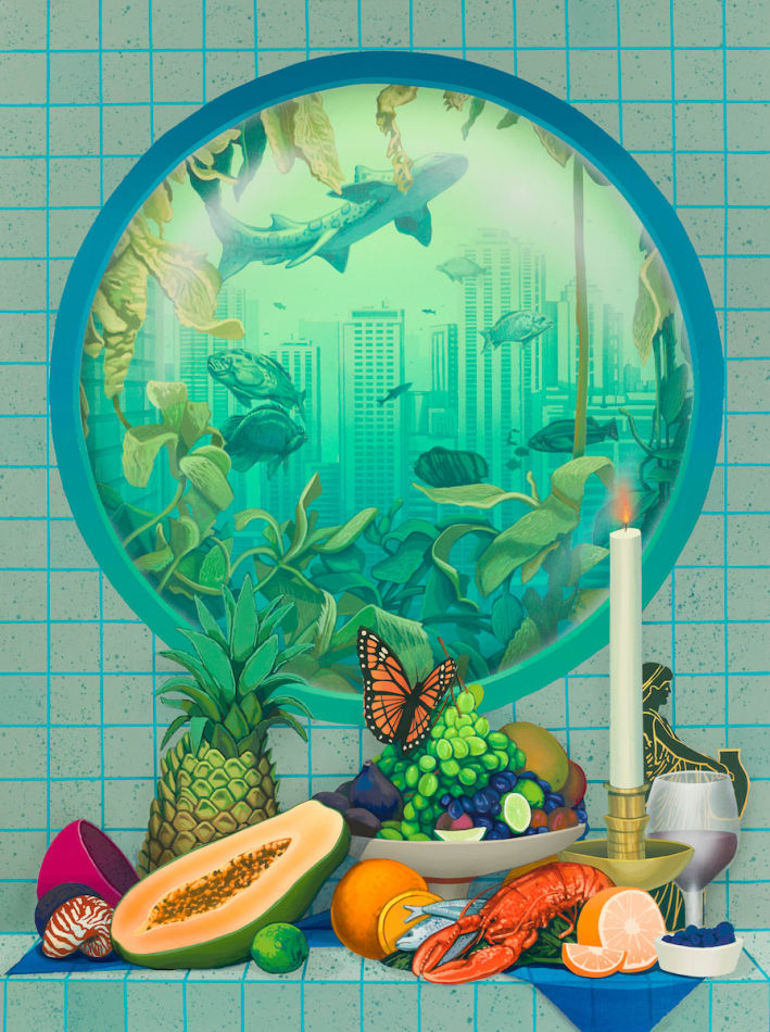 Robert Minervini of fruits lobster, candle, wine glass in foreground with round window in background. Window shows acquatic life swimming