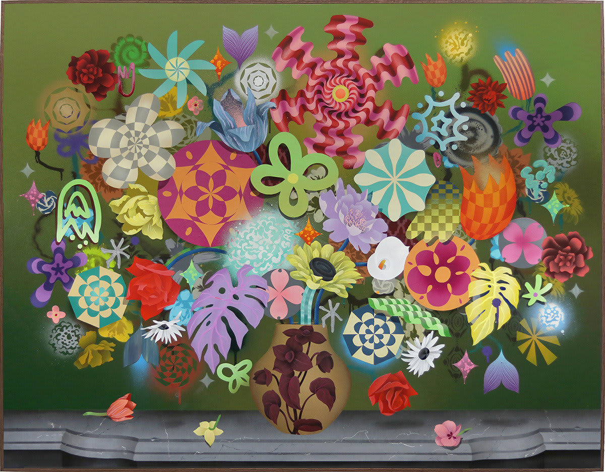 large bouquet of wildly colored and texture flowers in a vase over a muddy green background in a frame