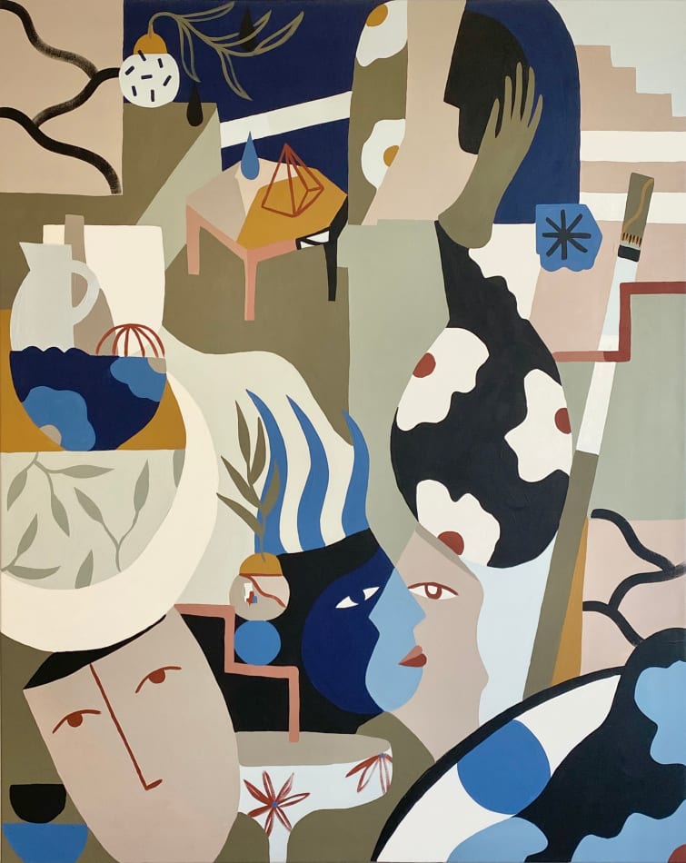 Madi painting of abstracted and cubist figures and vessels in jewel / earth tones