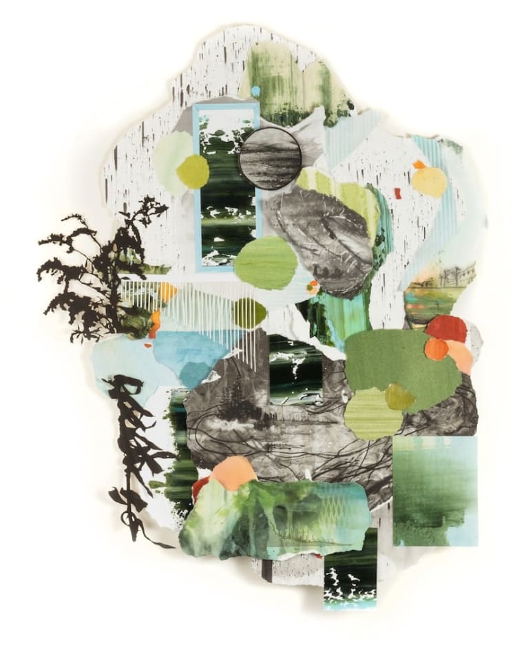 Gregory Euclide mixed media landscape with torn paper and acrylic