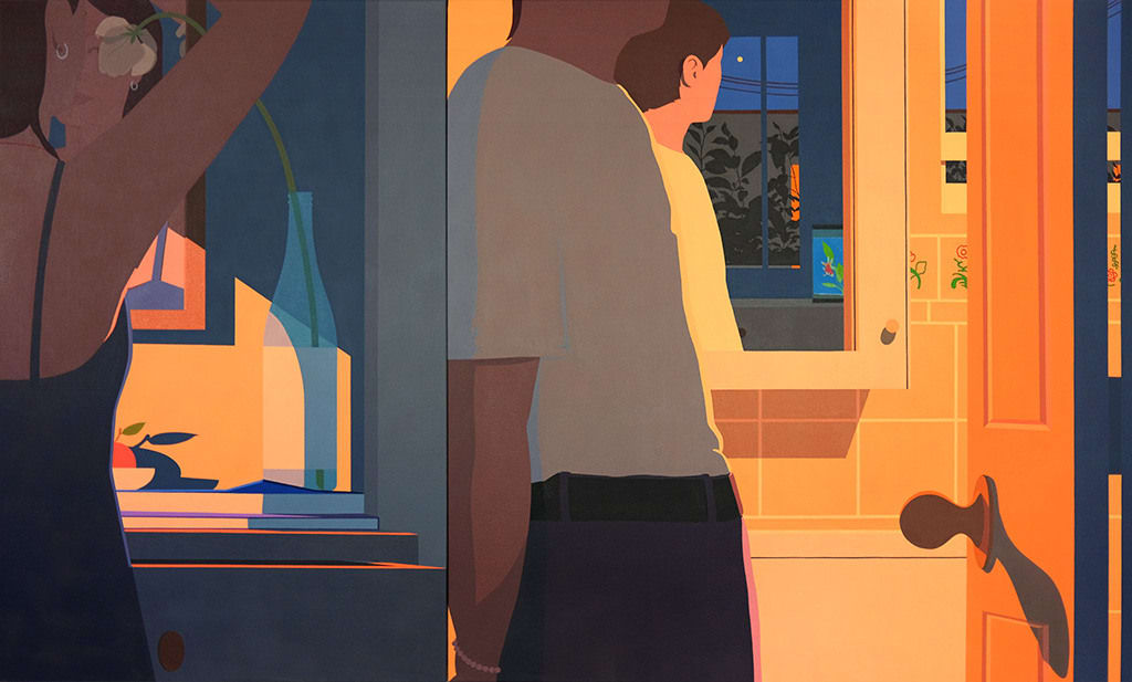 painting by artist Adrian Kay Wong depicting a layered composition in which two figures are seen in a bathroom interior setting, in close proximity though separated by a wall and obscured by a series of mirrors and objects