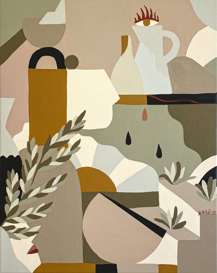 Madi painting of abstracted and cubist figures and vessels in jewel / earth tones