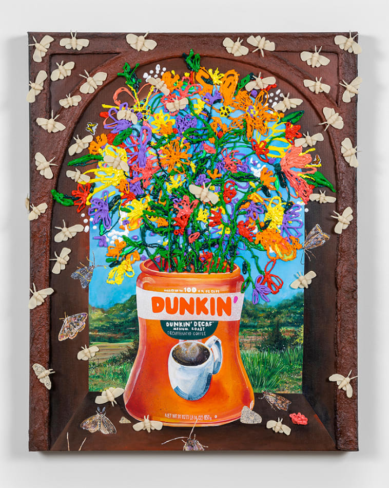 Nic Dyer's painting of colorful flowers displayed in a Dunkin Doughnuts can
