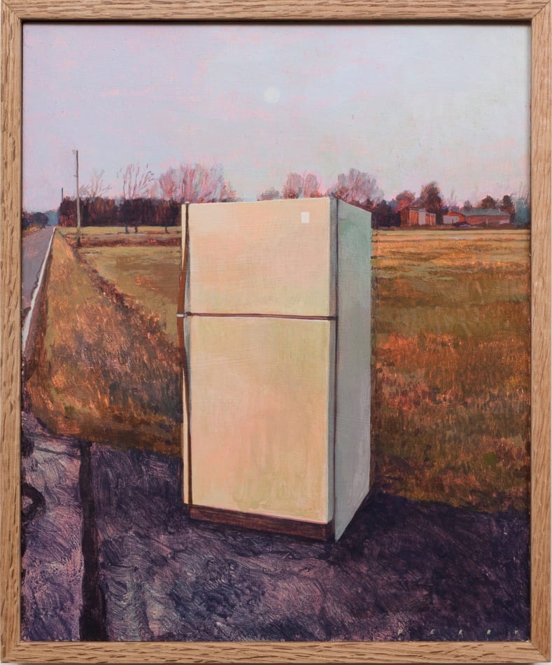 Painting of a white refrigerator on the side of the road on browning grass. In the distance are bare trees and a dimly lite full moon.