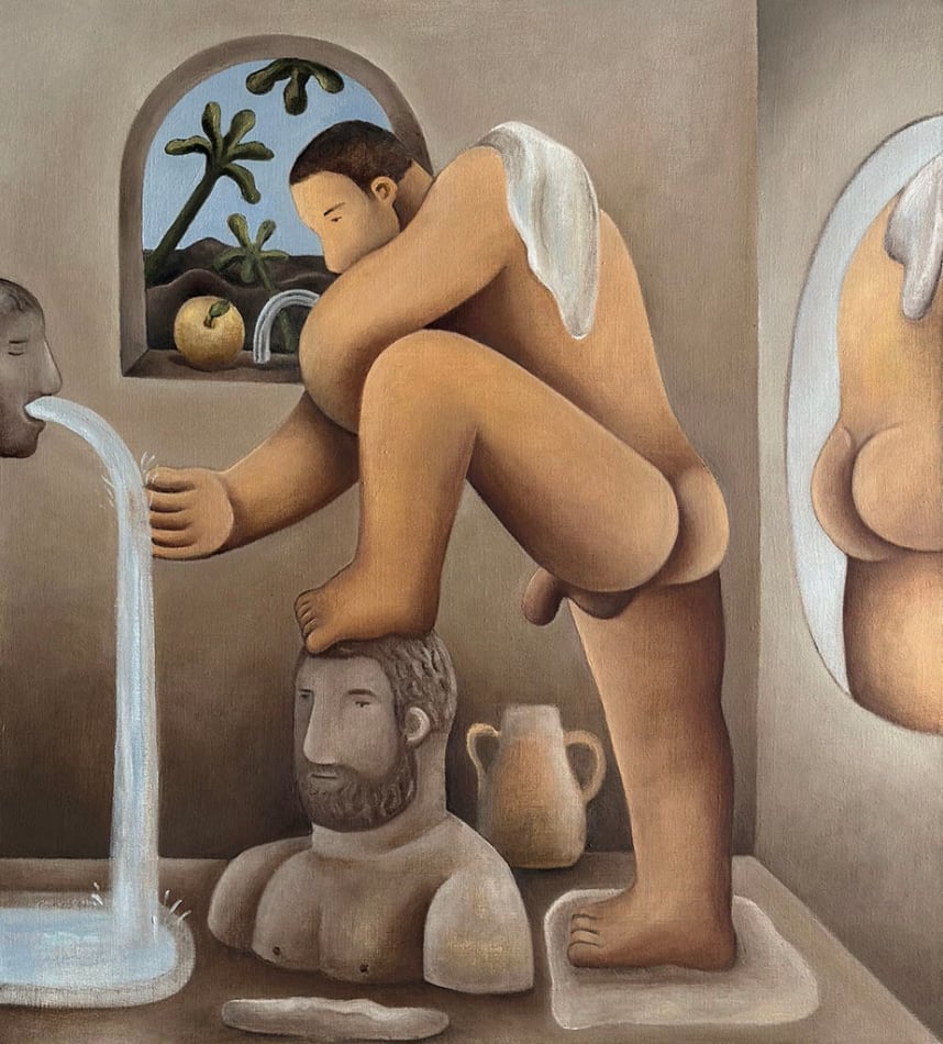 Painting of a nude male figure with his foot up and a stream of water
