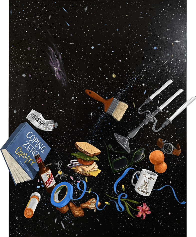 painting of objects such as a book, candelabra, paintbrush, tape, mug, and more drifting through space and off the canvas