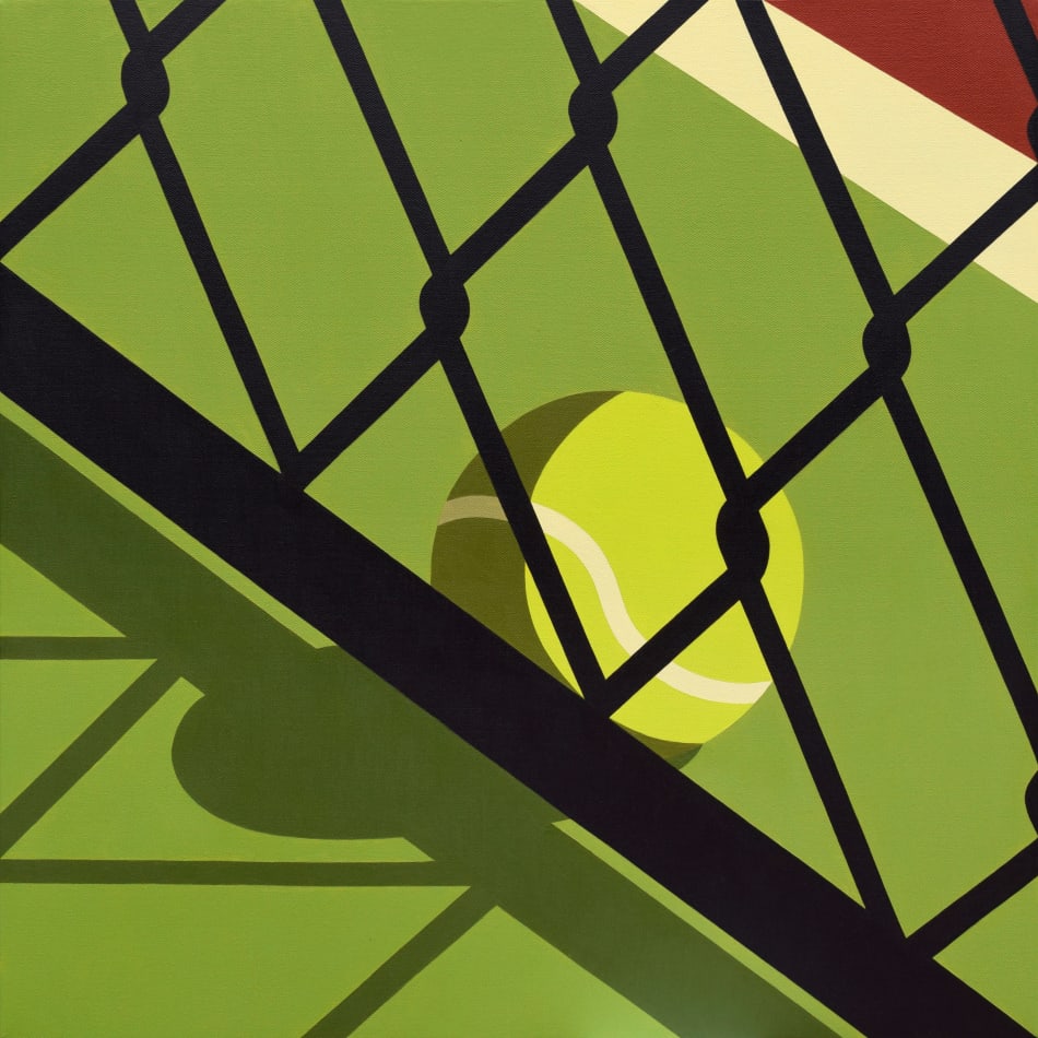 Adrian Wong painting of green tennis ball behind black fence