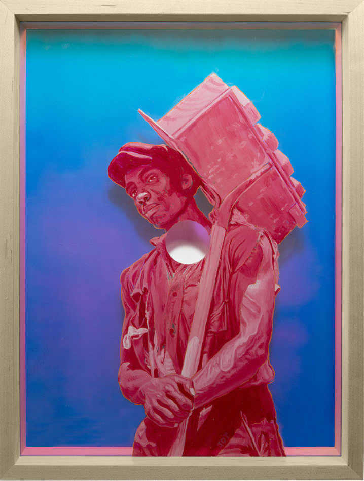 painting of a man in pink carrying a shovel over a blue background