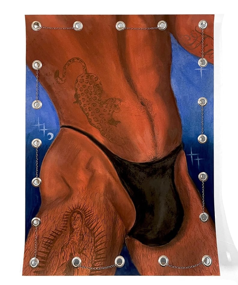 Painting of a man's bare body wearing a black under garment with a cheetah tattoo on his stomach and Mother Mary tattoo on his upper thigh on a blue background with a border of chains.