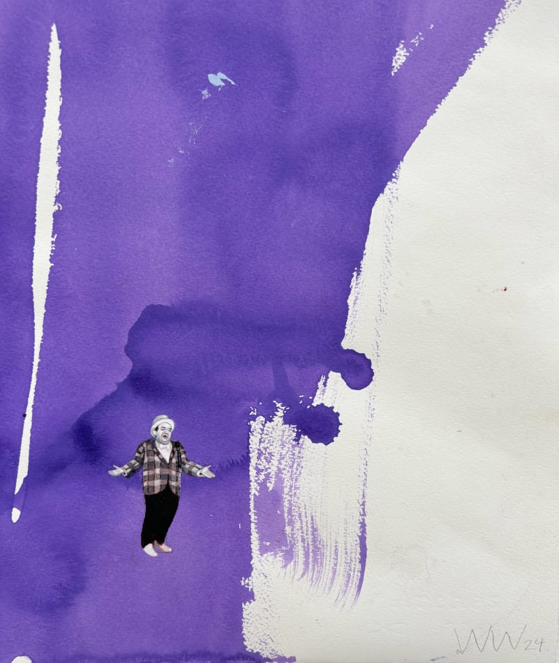 Painting with large purple vertical paint strokes in the background covering the paper with the word